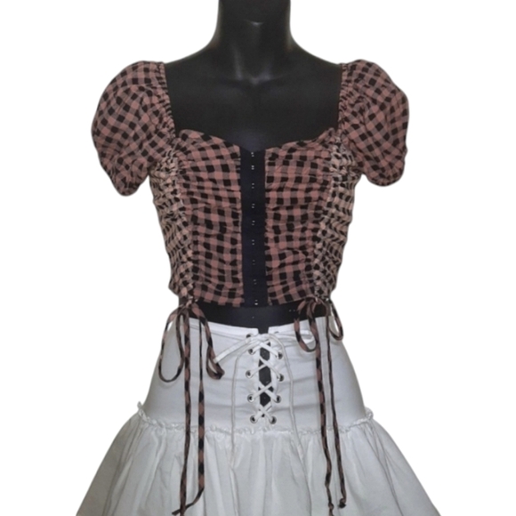Rabbit Rose Tops - Gingham Corset Puff Sleeve Top Boho Cottage Coquette Y2K Prairie Crop Fairy M